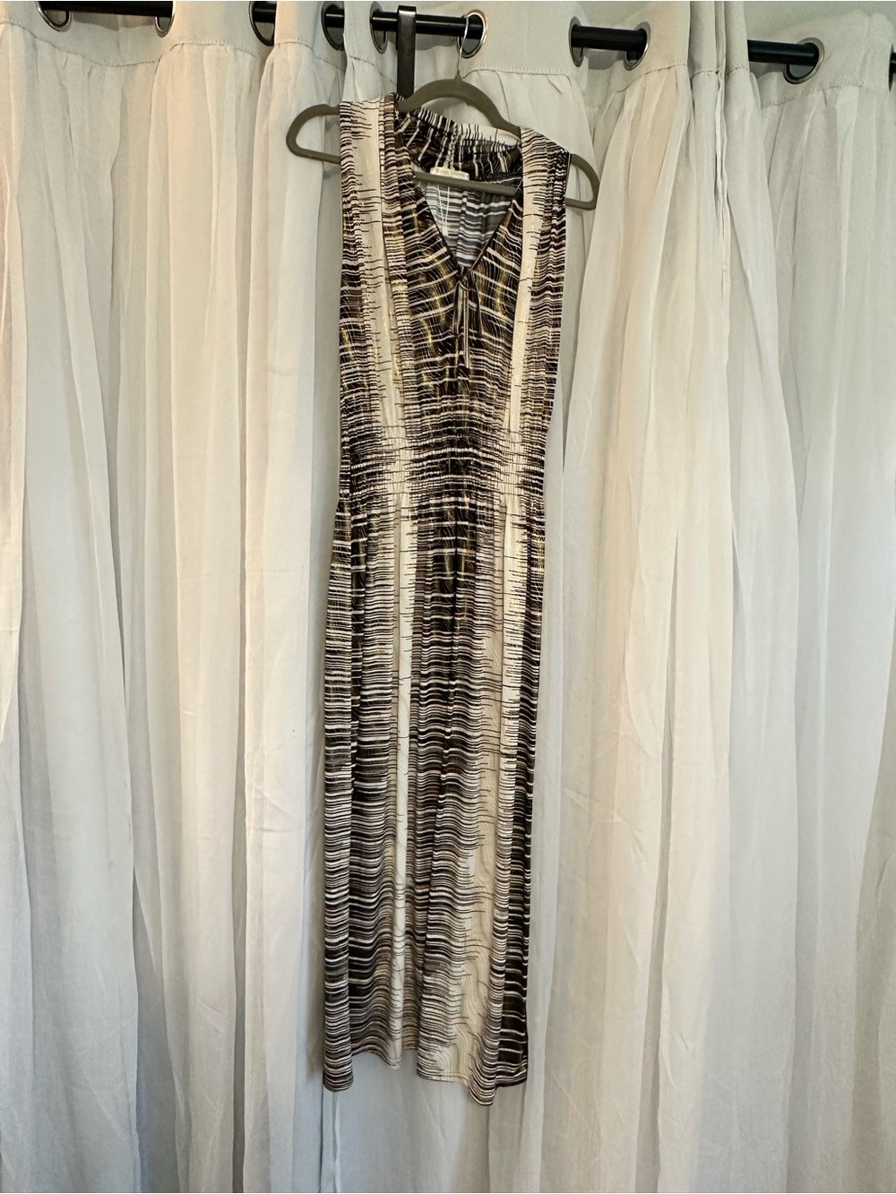 Seven Islands Sleeveless Striped V-Neck Maxi Dress in Brown, Gold and Cream.